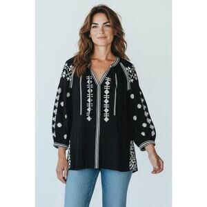 John Mark Size XL Embroidered Tunic Top Blouse Black White 3/4 Sleeve